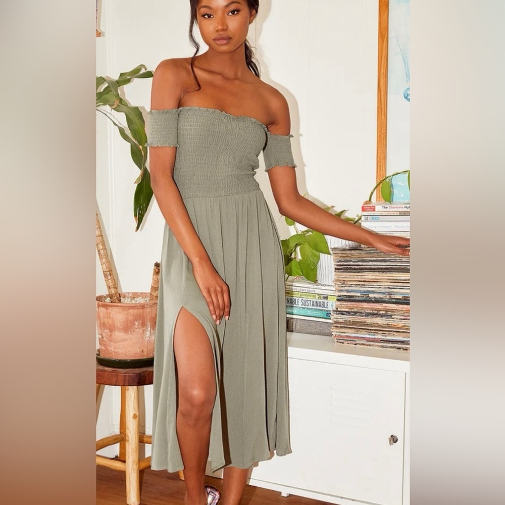 Lulus Olive Green Off-Shoulder Maxi Dress
